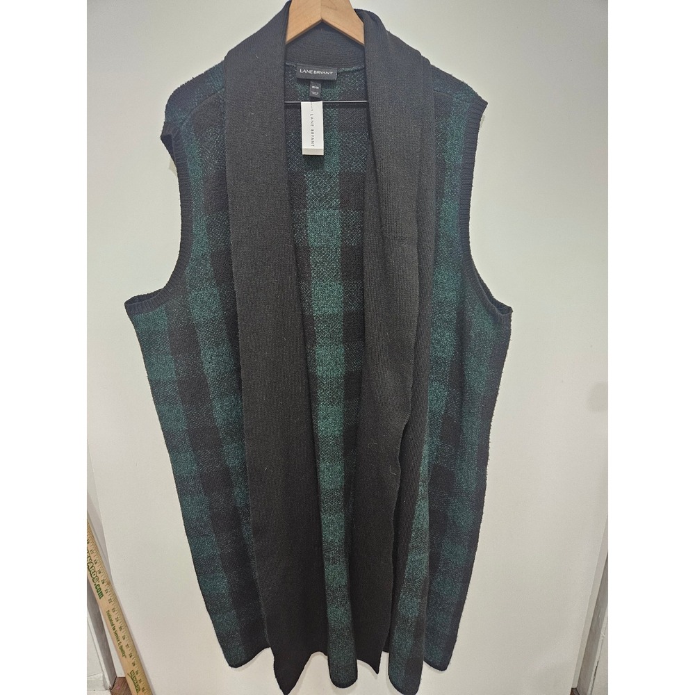 Lane Bryant Green Black Buffalo Plaid Open Front Cardigan Vest 26/28 NWT 1105355